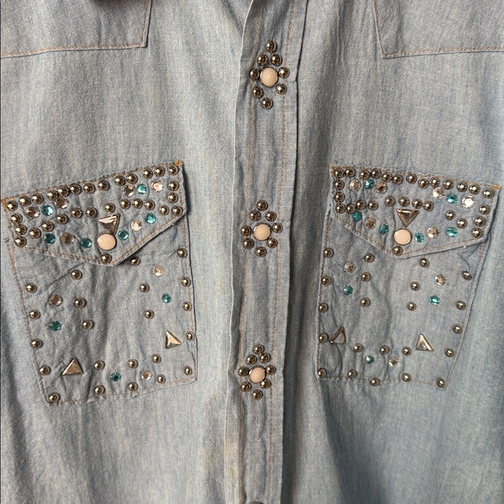 YOU GOTTA BE KIDDING Embellished Light Blue Denim & Diamonds shirt VTG - Picture 2 of 12